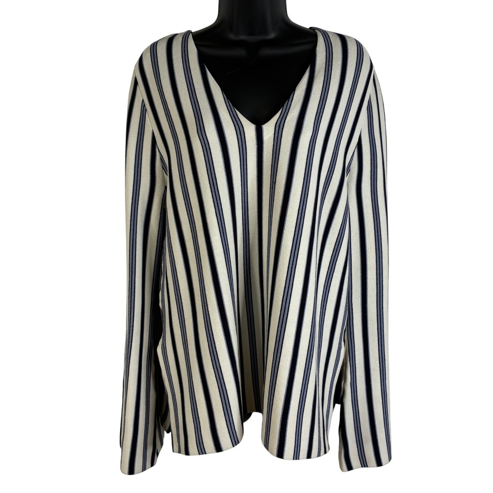 Ann Taylor Striped V Neck Sweater Medium Knit Navy White Long Bell Sleeve Women